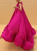 Casual jurken Freeacy vrouwelijk roze rood veters halternek mouwloos grote schommeljurk met ruche zoom rok zomervakantie feest