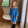 Flickans klänningar Spring Autumn Kids Clothes Girls Brodered Lapel Puff Sleeve Corduroy Dress Children Princess Blue Fashion Dresses For Girl