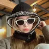Berets Women Vintage Contrast Color Balaclava Hat Winter Furry Plush Scarf Integrated Earflap Knitted Cap With Buttons