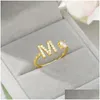 Anneaux de bande A-Z Lettre Nom Initial Alphabet Bague Ouverture Réglable 14K Or Jaune Glacé Cz Anneaux Femelle Bijoux De Fête Cadeau Drop D Dhbz6