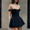 Casual Dresses Elegant Slash-neck A-line Mini Dress Sexy Low-cut Backless Retract-waist Skinny Women Party Evening Vestido 2024