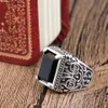 Solitaire Ring Ethnic Tibetan Silver Jewelry Vintage Textured Signet Ring Punk Rock Square Black Stone Ring for Men Accessories Giftl231220