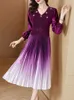 Casual Dresses Zjyt Autumn Velvet Patchwork Pleated for Women 2023 Elegant Gradient Vestidos Long Sleeve Party Robe Femme Purple