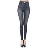 Pantaloni da donna Leggings a nove punti con stampa denim imitazione elegante ed elastica senza cuciture per le donne