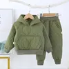 Herbst Winter Mädchen Anzug plus samt zweiteilige Set Junge trendige kinder Baumwolle Mit Kapuze Mäntel und Hosen Kinder Clothing16Y 231220