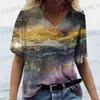 女性用Tシャツ2023ファッションデザイナー服女性Tシャツ抽象グラデーション画像半袖トップvネックプルオーバーTシャツレディースティー新しいT231220