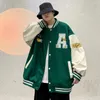 Men's Jackets Hip Hop Varsity Jacket Men Harajuku Puzzle Letter Embroidery Baseball Jackets Green PU Leather Oversized College Coat Streetwear 231219