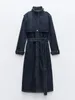 Women's Trench Coats Denim Coat Stand Up Collar Patchwork Long Sleeve Epaulet Belt Navy Windbreak 2023 Autumn Fashion 29L4049