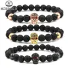 HOBBORN Bracelet en pierre de lave naturelle à la mode femmes hommes Hip Hop or Rose argent couleur charme CZ crâne Bracelets Pulsera Hombre244L