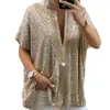 Women's T Shirts Summer Women Sequined T-Shirt Short-Sleeved Urban Casual Solid Shirt Tops V Neck Party Loose Pullover Blousa