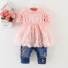 Conjuntos de roupas 0-3y primavera outono infantil bebê menina roupas criança denim camiseta vestido tops jaqueta e jeans