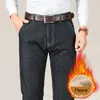 Jeans pour hommes hiver qualité tissu polaire épais chaud taille haute droite ample père affaires pantalons décontractés pantalon