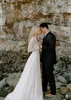 Neck A High Simple Line Wedding Dresses Lace Long Sleeves Beach Bridal Gowns Sexy Open Back Ivory Tulle Vestidos De Novia Sweep Train