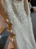 Dress Womens European Fashion Brand Beige Tweed Sequin Sparkle Diamond Embellished Edge Strap Dress