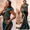 2024 Aso Ebi Dark Green Mermaid Prom Dress Beaded Crystals Velvet Evening Formal Party Second Reception Birthday Engagement Gowns Dresses Robe De Soiree ZJ366