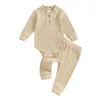 Clothing Sets Infant Baby Girl Spring Clothes Solid Color Ruffled Neck Romper With Elastic Waist Pants 2 Pcs Outfit