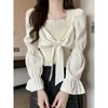 Neploe Chic Velvet Bow Chemises Coréenne Printemps Tempérament Blouses Femmes Turn-down Col Puff Manches Courtes Blouse Blanche Tops 4H315 210422