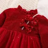 Girl's jurken Kerstmis Rode Baby Girl Jurk met lange mouwen pluche goud fluweel pailletten vlinderdas die mesh feest prinsesjurk