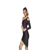 Casual Jurken Diagonale Kraag Lange Mouw Patchwork Bodycon Bandage Jurk Zwart Eén Schouder Rayon Mode Dames Sexy Club Party Mini