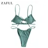 Porter ZAFUL Côtelé Découpe Cravate Pagne Bikini Maillot De Bain Bandage Maillot De Bain Sexy Micro Bikini Monokini 2021 2 Pièces Femmes Maillot de bain