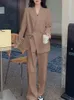 Duas peças definidas Desperta 2023 Autumn Solid Turndown Collar Slave Manga Laceup Blazer Coat Leg Wide LOLD Pant Suits 231220