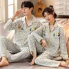Pijamas femininos primavera e outono de manga comprida coreano cardigan algodão conjunto de duas peças casual com decote em v casais pijamas mulheres pijama homem