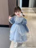 Mädchenkleider Girl's Winterkleid Plüsch Samt dicke blaue Geburtstag Prinzessin Koreanische kleine Mädchen Langarmiertes Western Mesh Kleid