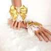 Joelheiras doce lolita casamento mão punhos de pulso dupla camada floral laço arco pulseira pulseira imitação pérola corrente empregada cosplay mangas