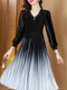 Sukienki zwyczajne Zjyt Autumn Velvet Patchwork plisted for Women 2023 Eleganckie gradient vestidos impreza z długim rękawem