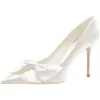 French White Satin High Heels Wedding Shoes Bridal Bow Single Women 231220