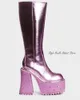 Pink Metallic Knee High Platform Boot Block Heel Zip Leather Luxury Designer Big Size Lolita Söta skor 231220