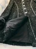 2024 Primavera Negro Color sólido Vestido de Tweed con cuentas Manga larga Cuello alto Lentejuelas Vestidos casuales de un solo pecho J3D188286