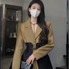 Original Design Blazer Women Fashion Loose Spliced Pocket Korean Shrug Notched Single Breasted Blazer Mujer Femal with Belt 231220