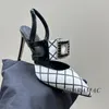 Sandaler Elegant Satin Plaid Point Toe Crystal Square Buckle Stilettos Dress Shoes Summer Women's Leather fodrad high-heel