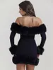 Женская одежда с открытыми плечами и вырезом в стиле пэчворк, черное платье с мехом, осень 2023, облегающие короткие вечерние платья с длинными рукавами 231220