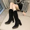 Boots Midcalf Woman 2024 Slipon pekade Western Cowboy Retro Fashion Pleated High Y Heel Booties 231219