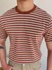 Men's T Shirts Trendy European And American-Style Large-Size Red Striped Short-Sleeve Sweater