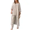 Calças femininas de duas peças moda solta outfit corte 3d camiseta calças definir cintura alta verão cor sólida longo vestir-se