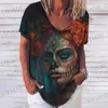 Dames T-shirt Zomer 2023 Nieuwe 3D Horror Skull Print Dames V-hals Top Korte mouw T-shirt Casual Grappig Harajuku Y2K Kleding Dag van de Doden T231220