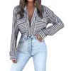 Kvinnors blusar Loose Top For Women Casual Stripe Print V Neck Button Pocket Roll Up ärmar Blus Temperament Kläder Bluesas Roupas