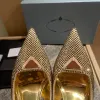 Satininsats Rhinestone Slingbacks Pumpar Mirror Leather Point Toe Cone Heel Stiletto klackar Sandaler Kvinnors lyxdesigner Klänning Kvällskor Storlekar 35-42