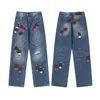 Designer Jeans Luxury New Men's Jeans Straight Trousers Letter Prints Long Style Make Old Washed Purple Jeans 2024