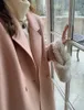 Cappotto in cashmere double face rosa invernale, cappotto in lana di media lunghezza in lana dallo stile piccolo e dolce