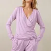 Women's Sleepwear Hiloc Criss-Cross Trouser Suits Spring Long Sleeves Home Wear Purple V-Neck Knitted 2 Piece Set Women Sets With Pants