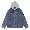 Casual Denim Coat Man Spring and Autumn Hooded High Street Trend Stilig Loose Fashion Fake Two Tooling Stone Jacket