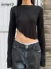 Women's T Shirts Weekeep Lady Bow Stitched Crop Top Women Full Sleeve Slim Black Asymmetrical Shirt Autumn Winter Chic T-shirts Solid Y2k