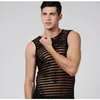 Men Mesh Vest Avant Garde Sleeveless T-Shirts Guys Striped Transparent Symmetrical Sport Yarn Tank Top Sexy Dress