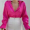 Elegante satijnen damesmode top 2023 lente effen kleur shirt met lange mouwen retro paars casual losse knoopkleding 18913 231220