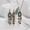 Halsband örhängen set boho färgglada pärlor vatten droppe örhänge för kvinnor vintage legering löv kedja tofs dingle bröllop smycken