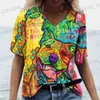 女性用Tシャツ夏夏の新しい女性VネックトップショートスリーブTシャツ3Dかわいいドッグプリントカジュアル素敵なハラジュク汎用Y2K服ヨーロッパサイズT231220